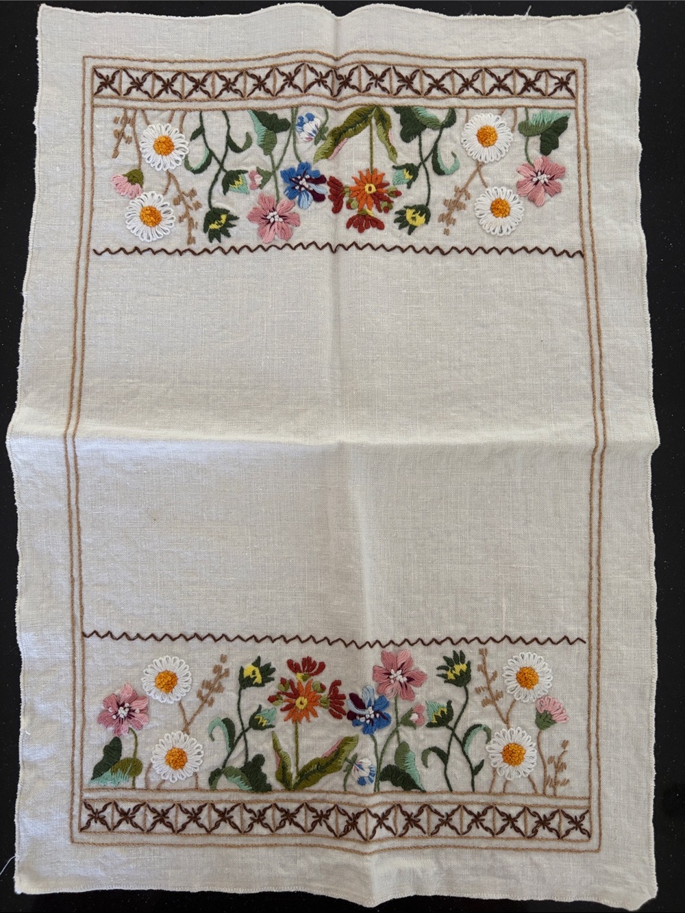 Vintage linen embroidered floral dresser topper